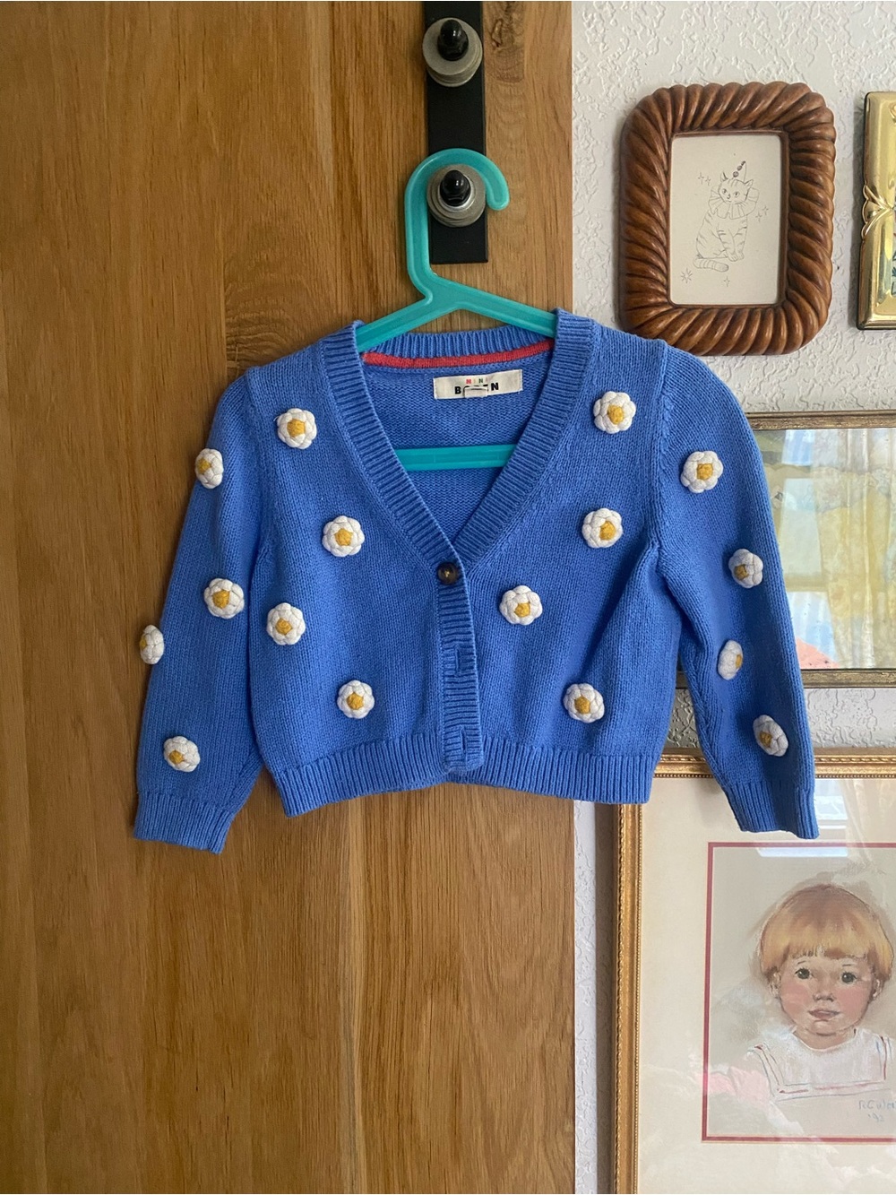 Mini Boden Blue Cropped Cardigan with Daisy Appliqués